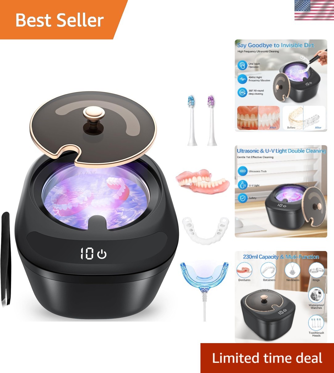 45KHz Ultrasonic Retainer Cleaner Machine, 230ML Denture Cleaner for Retainer,