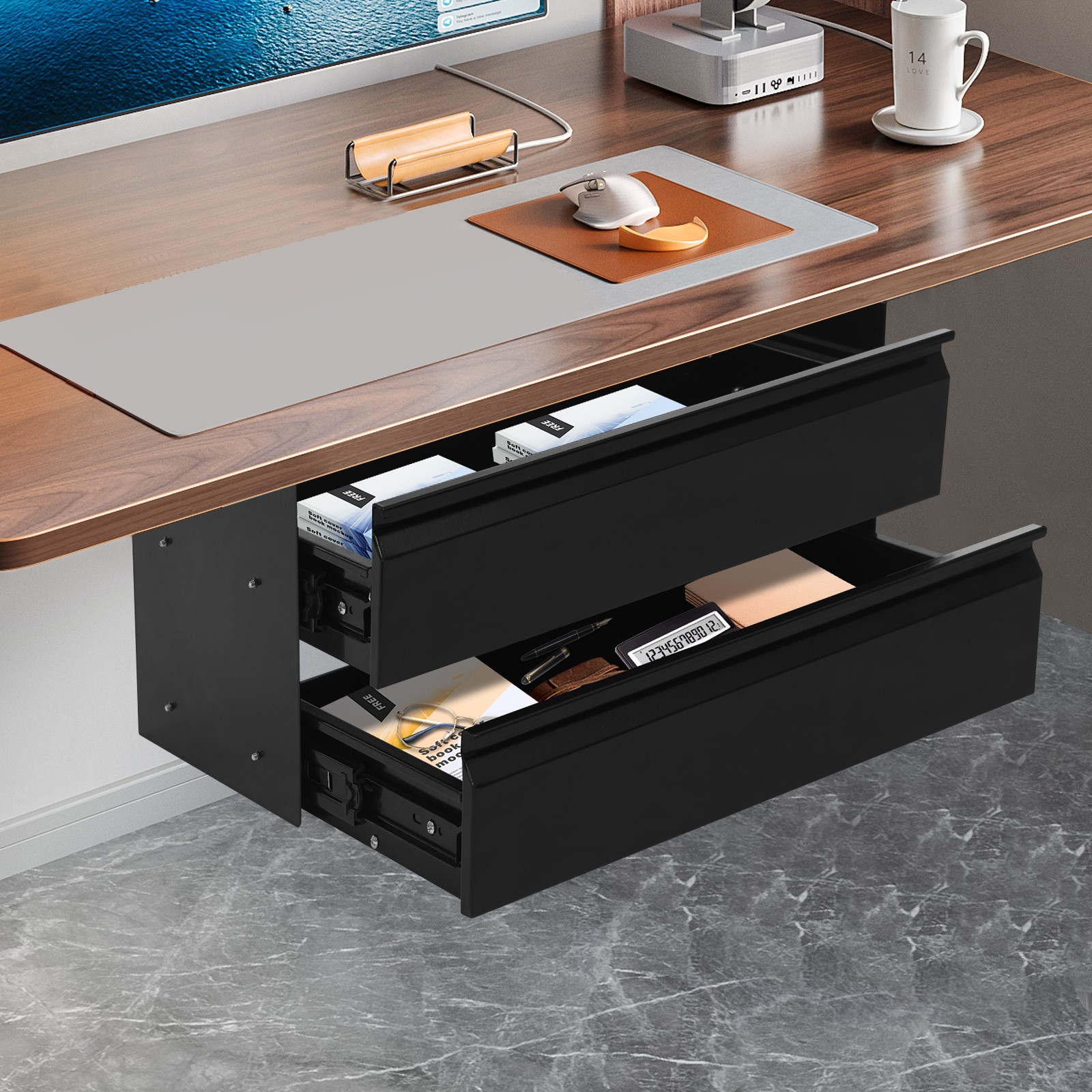 Black Dual Level 16" Pull Out Under Desk Storage Drawer Set