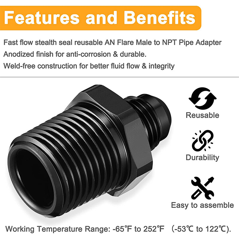 2PCS 6AN Male Flare to 3/8" NPT Hose Fitting Adapter Aluminum Straight Black