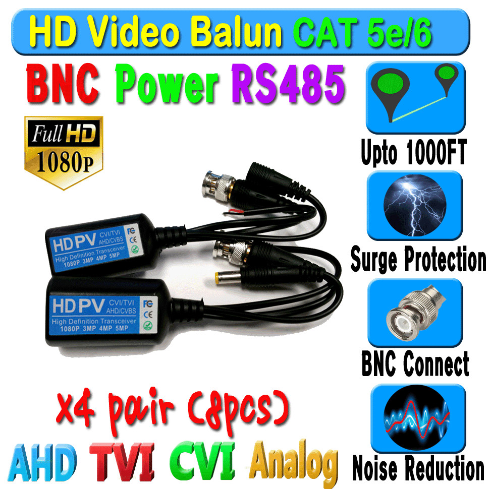 x4 pairs HD Balun CCTV BNC Video Data mic RS485Power CAT5e/6 Protect 1080P 720P