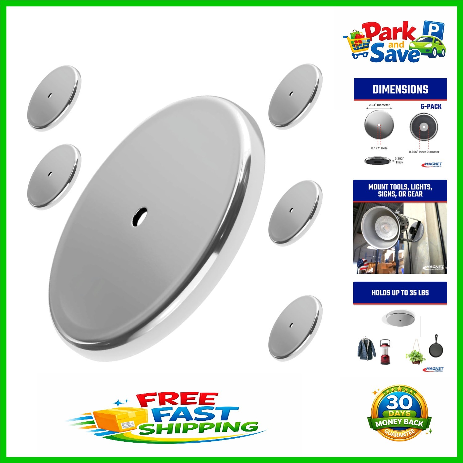 35 lb Pull Heavy-Duty Round Base Magnets - 6-Pack for Indoor & Outdoor Use