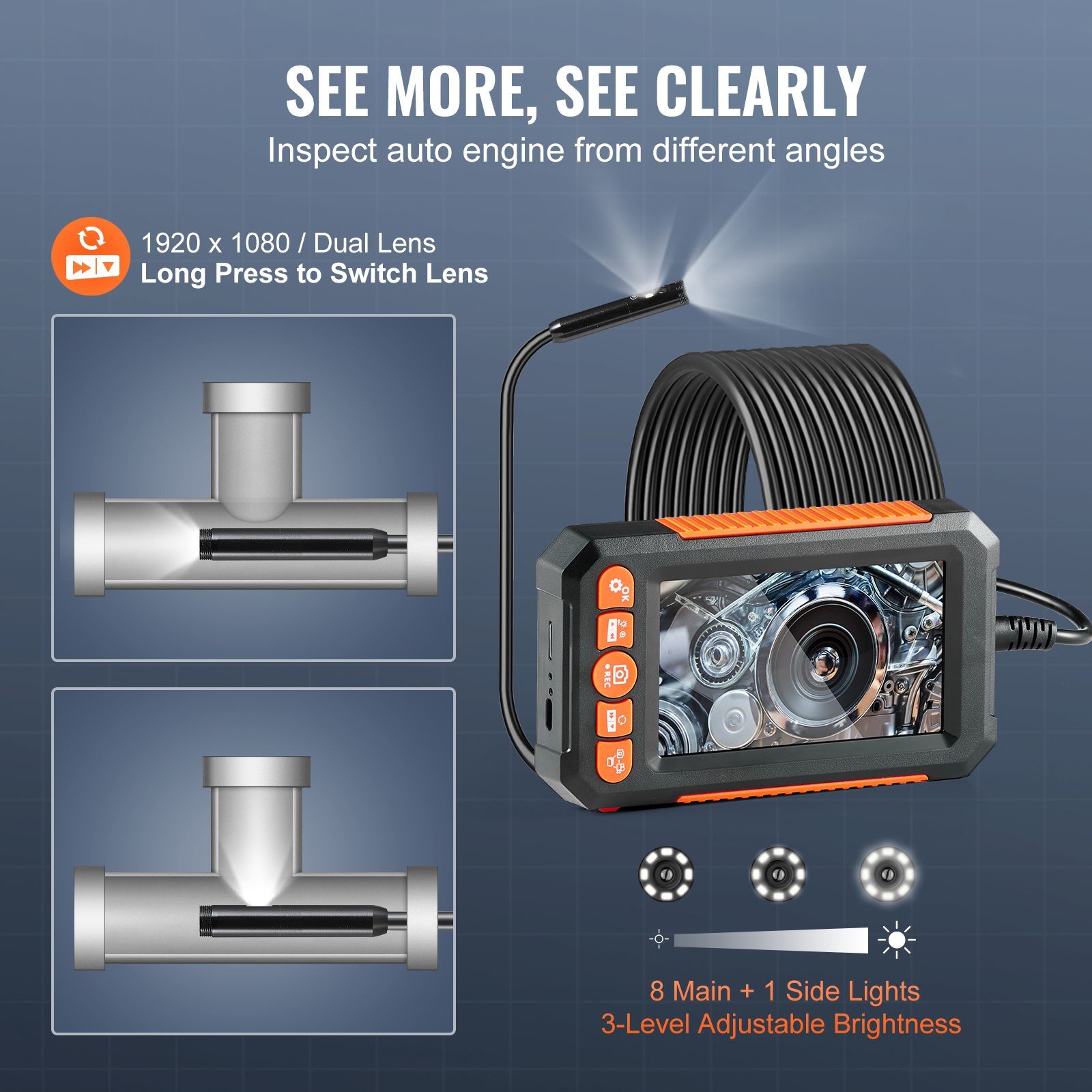 Dual-Lens 4.3" HD Borescope Camera with 4X Zoom, 16.4FT Cable