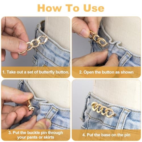 4 Sets Chain Pant Waist Tightener, Adjustable Jeans Button for Gold & Silver