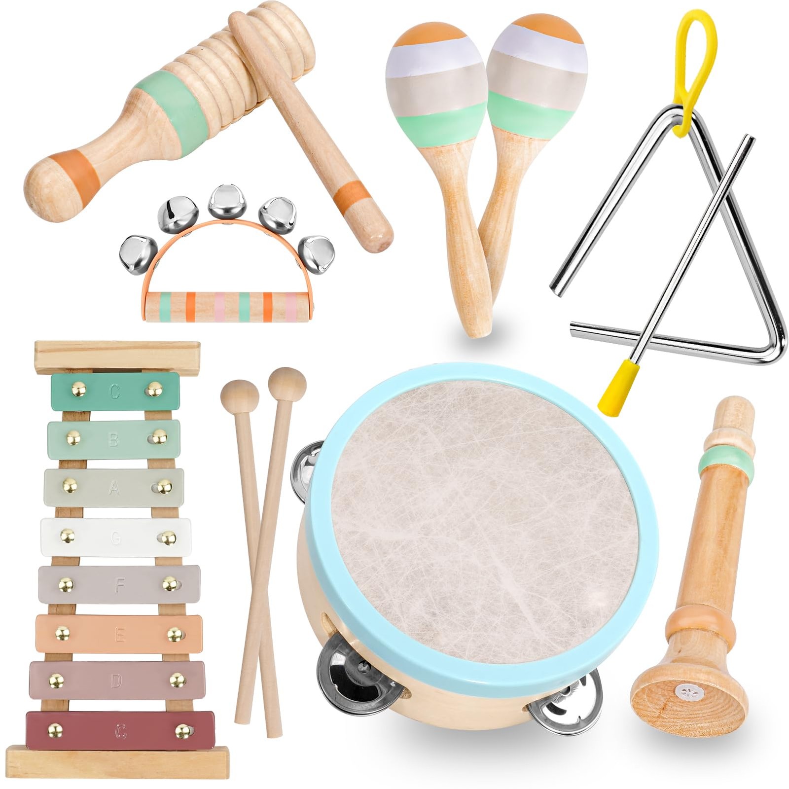 Kids Musical Instruments Set - Neutral Colors Wooden Montessori Toys Percussi...