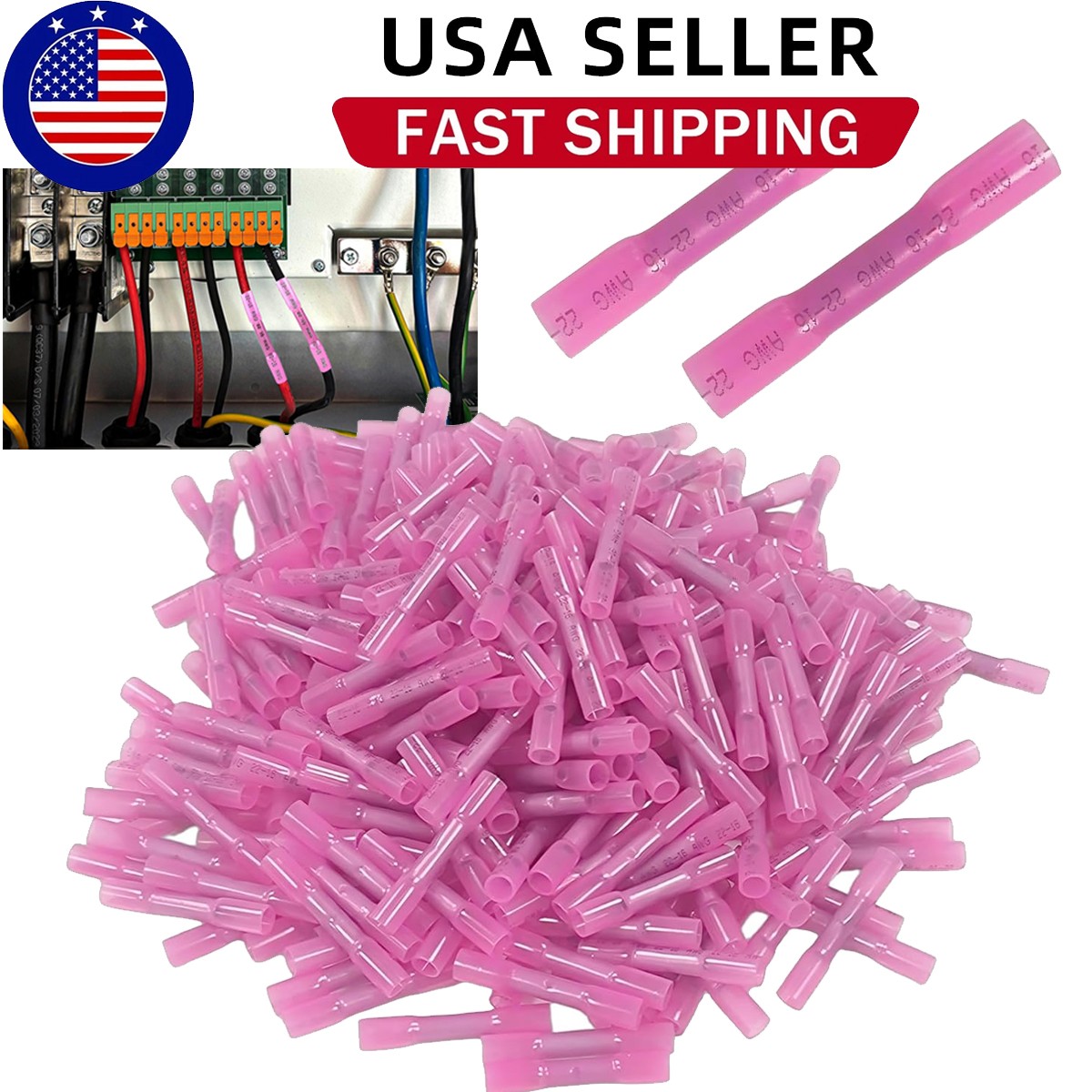200Pcs Red Heat Shrink Butt Wire Connectors Crimp Terminals AWG 16-22 Gauge