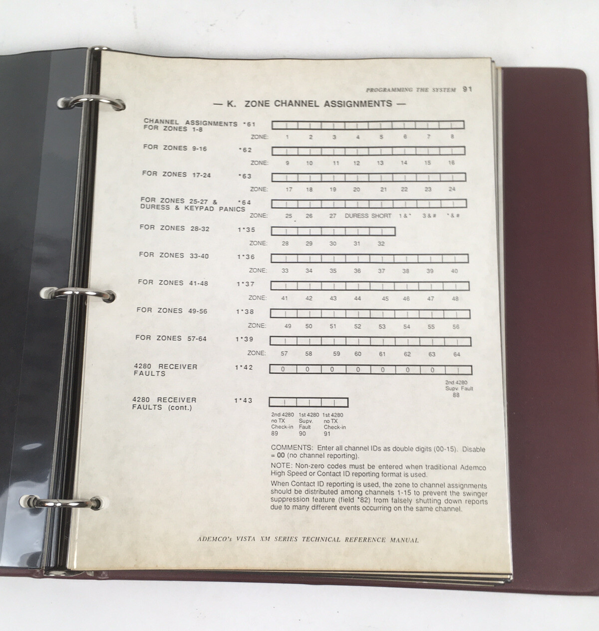 Ademco’s Vista XM Series Technical Reference Manual Papers Security Sys. Binder