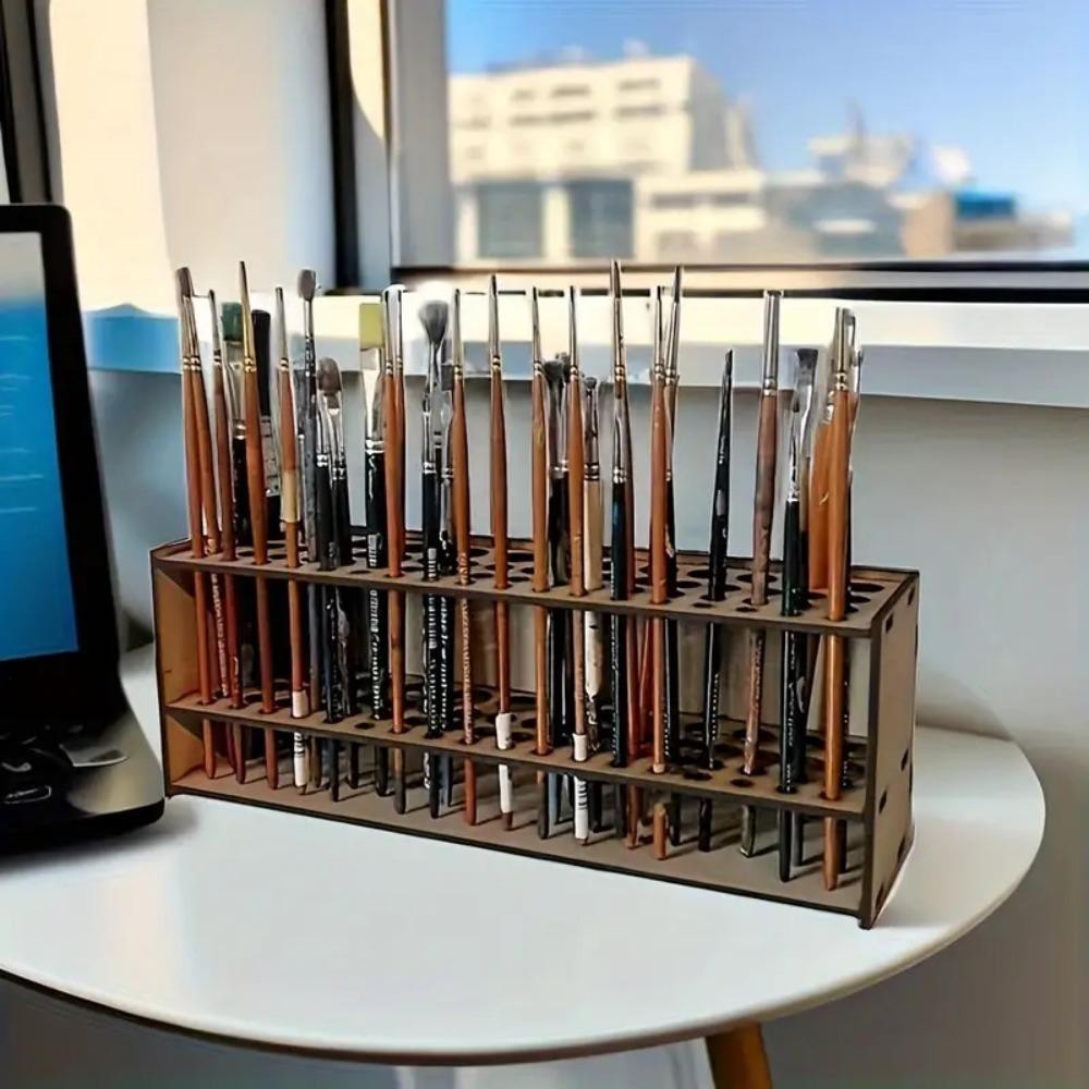 67-slot Premium Wooden Brush Holder - Durable Artist Desk Organizer, Pencil & Pa