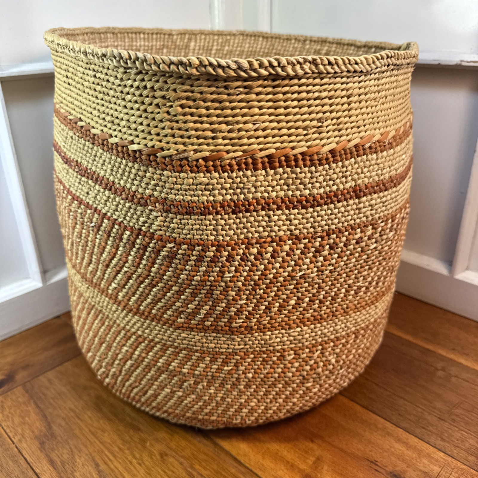 Patterned Woven Basket 12" Organic, Rustic Organizing -Auburn Stripe Iringa