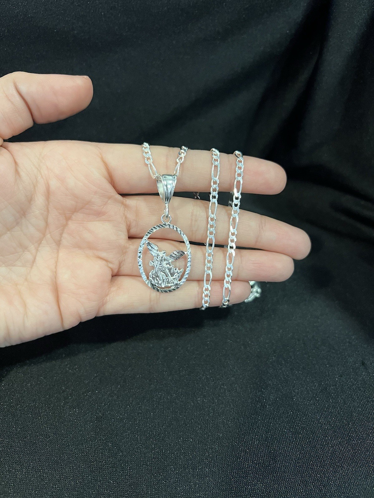 925 Sterling Silver Mens St Michael San Miguel Archangel & Figaro Chain 20 24 30