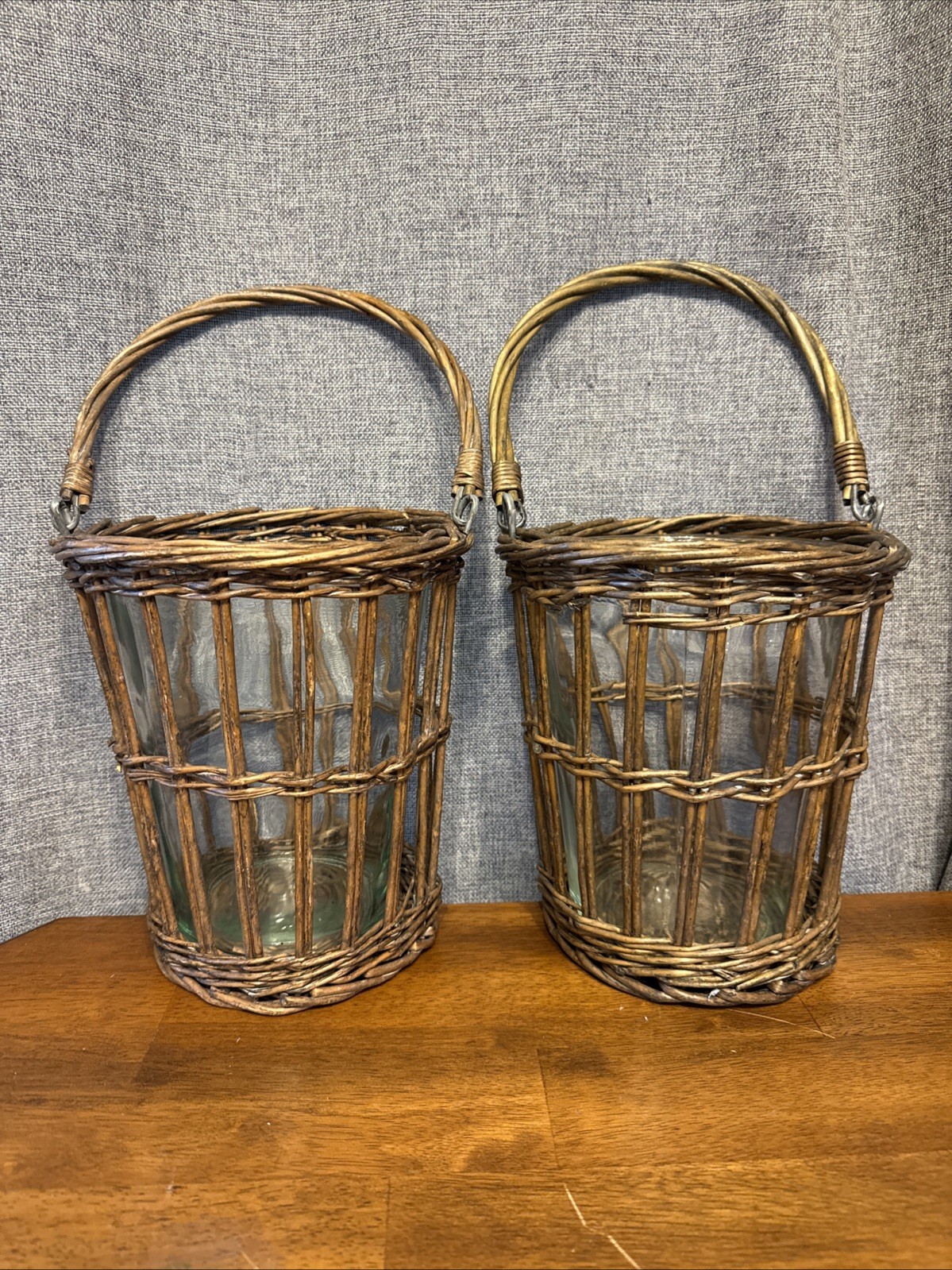 Lot of 2 Vintage Wicker Baskets With Glass Insert Plant Candle Flower Handles