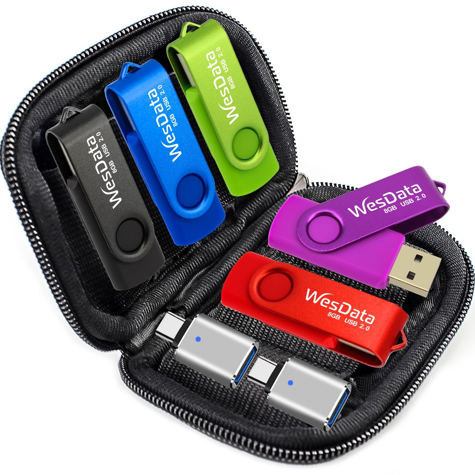 5 Pack 8GB USB Flash Drive and 2 Pack USB C Adapters in a Case (5 Colors)