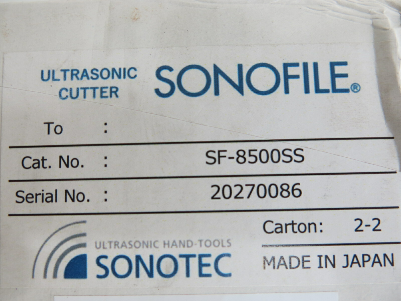 SONOTEC SF-8500SS ULTRASONIC CUTTER TRANSDUCER
