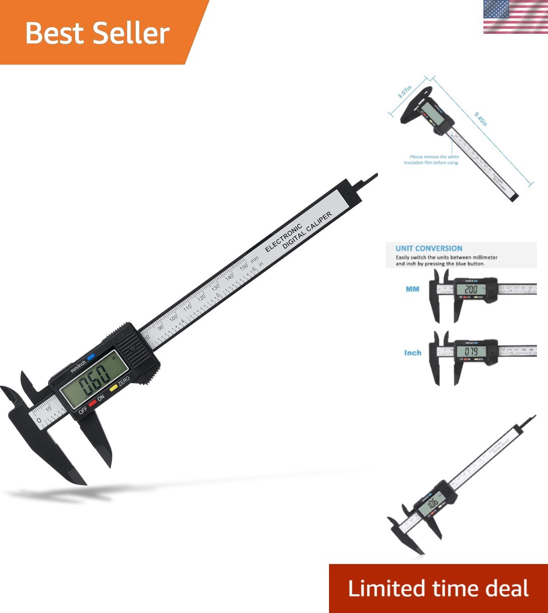 Versatile Electronic Micrometer Caliper - 0-6” Range, Auto-Off, LCD Screen