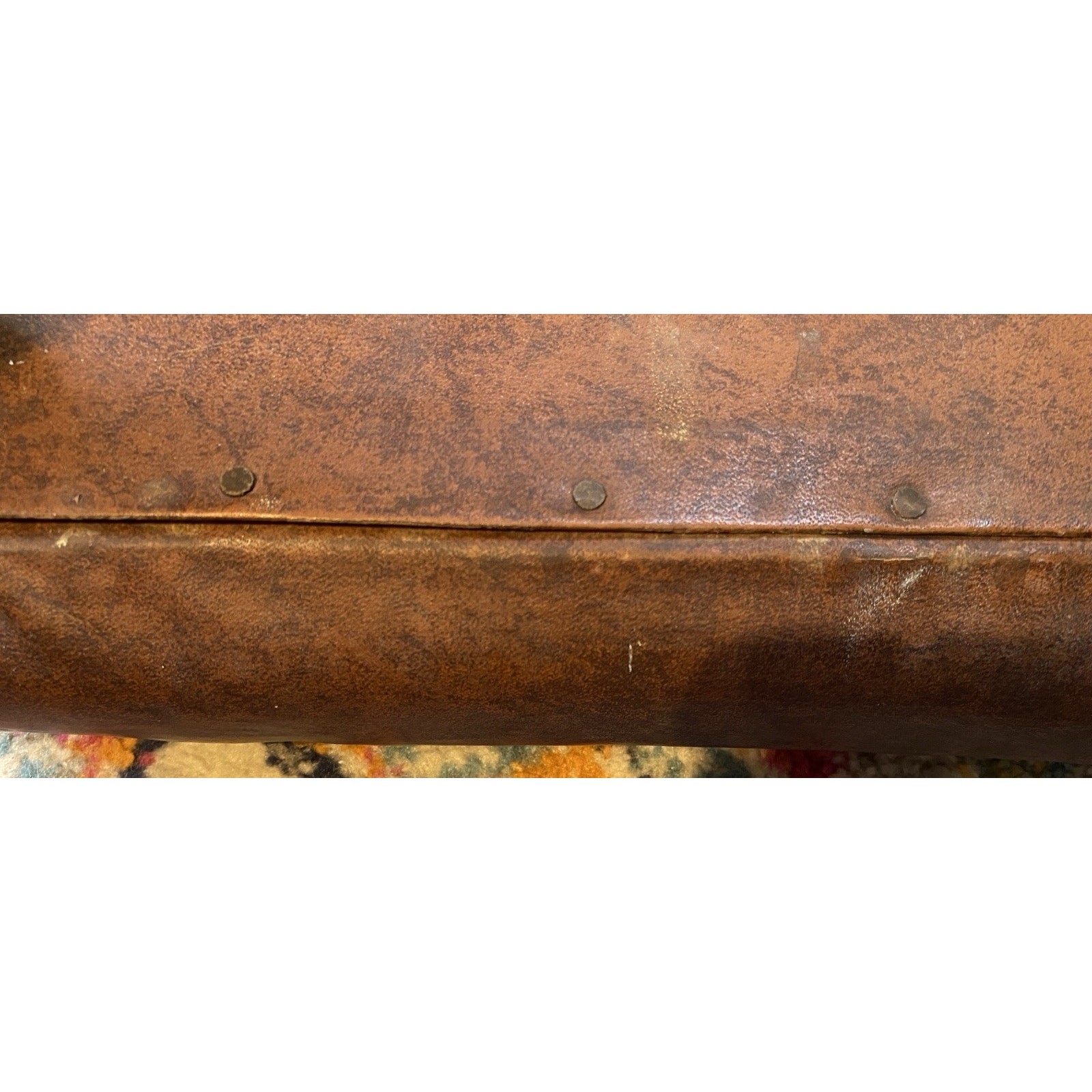Vintage Maple Wood & Brown Vinyl Upholstered Footstool Carved Legs Dark Academia