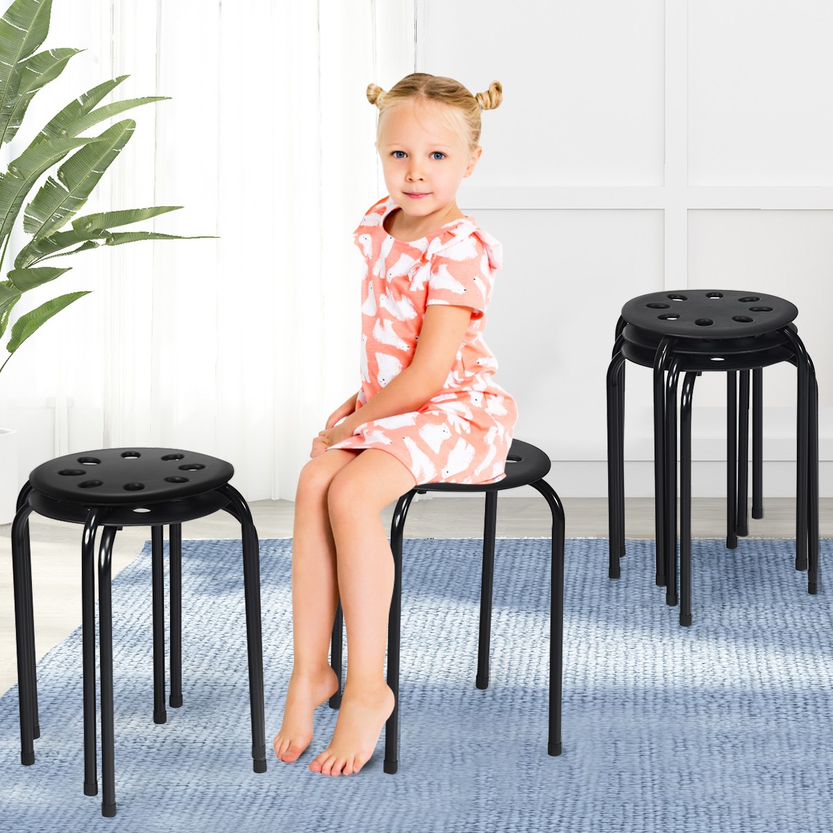 Set of 6 Portable Plastic Stack Stools 17.5" Height Backless Classroom Seating