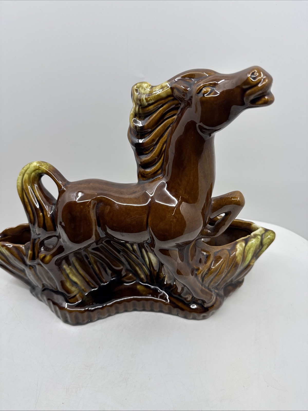 Vintage MCM Ceramic Horse Planter Vintage Brown Green -15 In Wild Pony