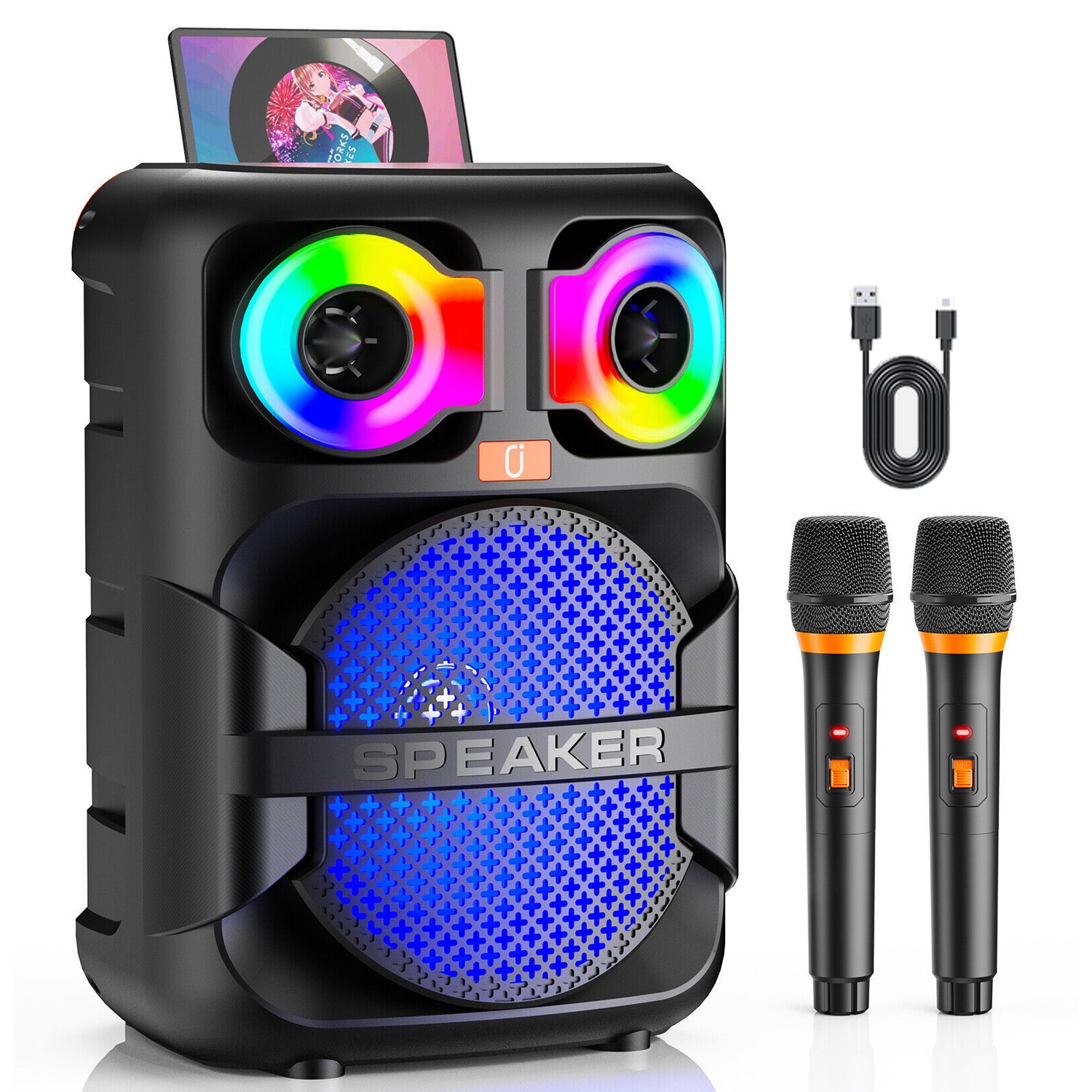 Portable Karaoke Machine Bluetooth Speaker w/ Wireless Mic, RGB Lights,TWS,Party