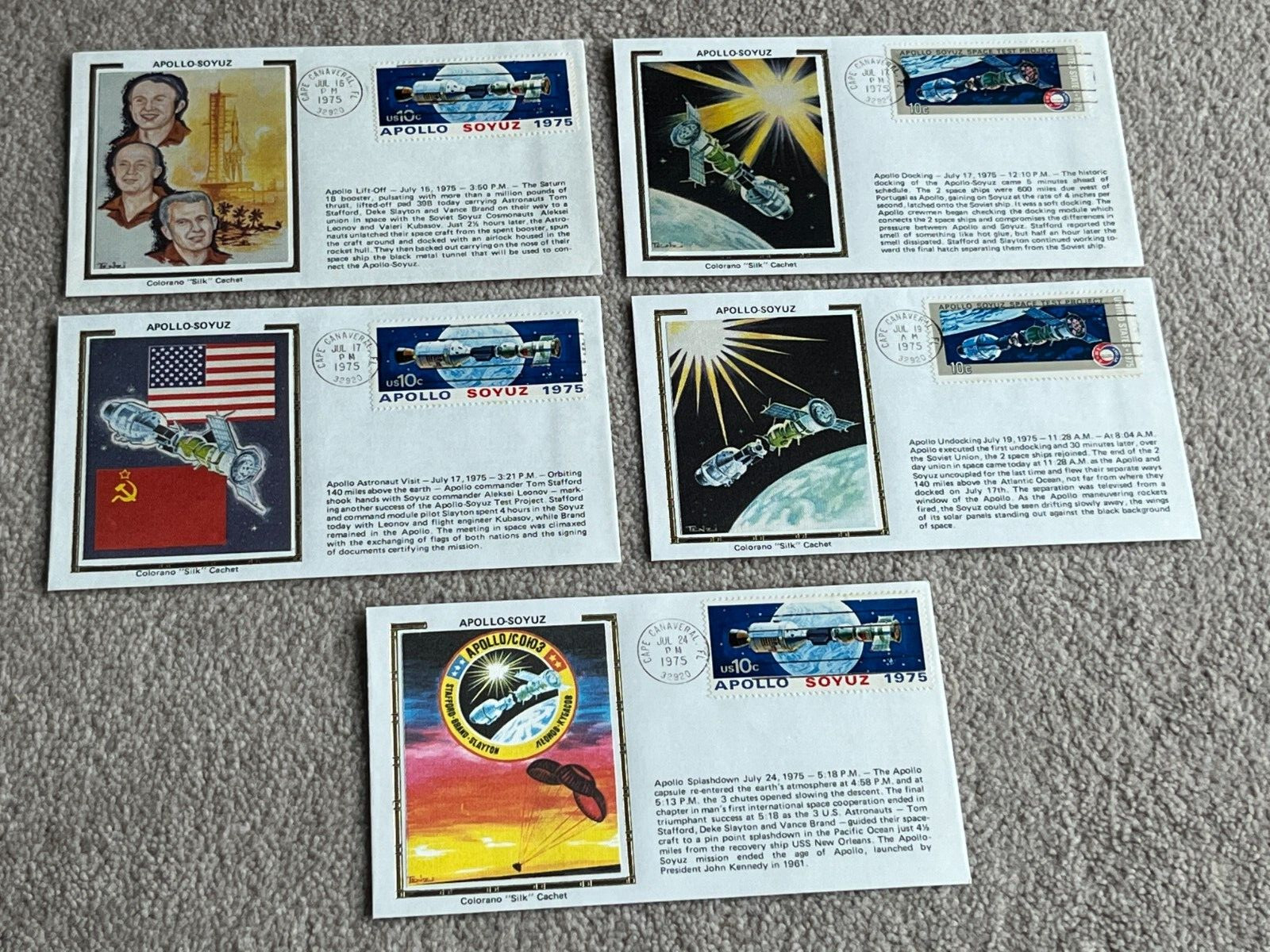 Set of 5 1975 Apollo-Soyuz Colorano Silk Cachet Postal Covers, 15th to 24th July