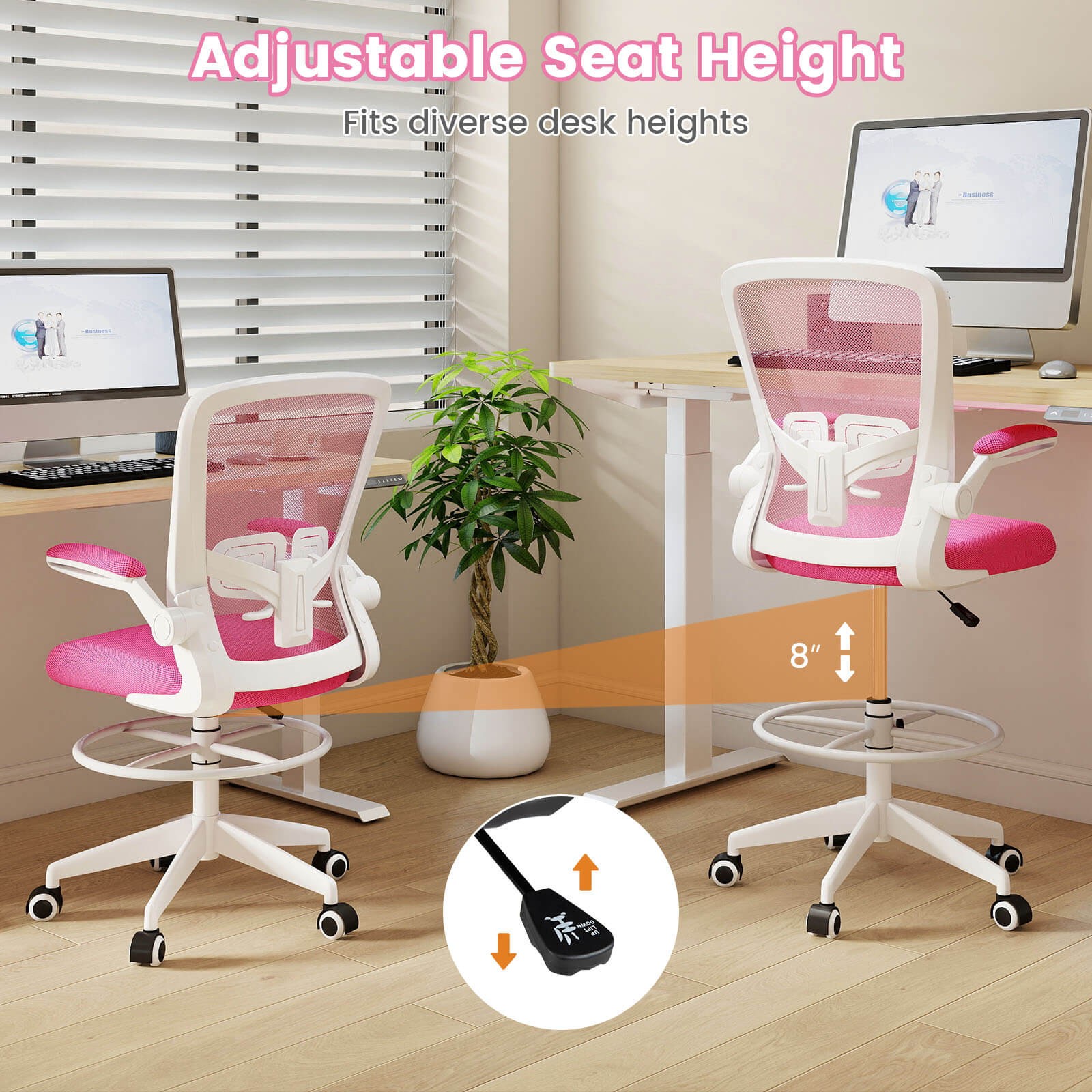 Home Office Drafting Chair w/Flip-Up Armrests Adjustable Footrest Ring for Study