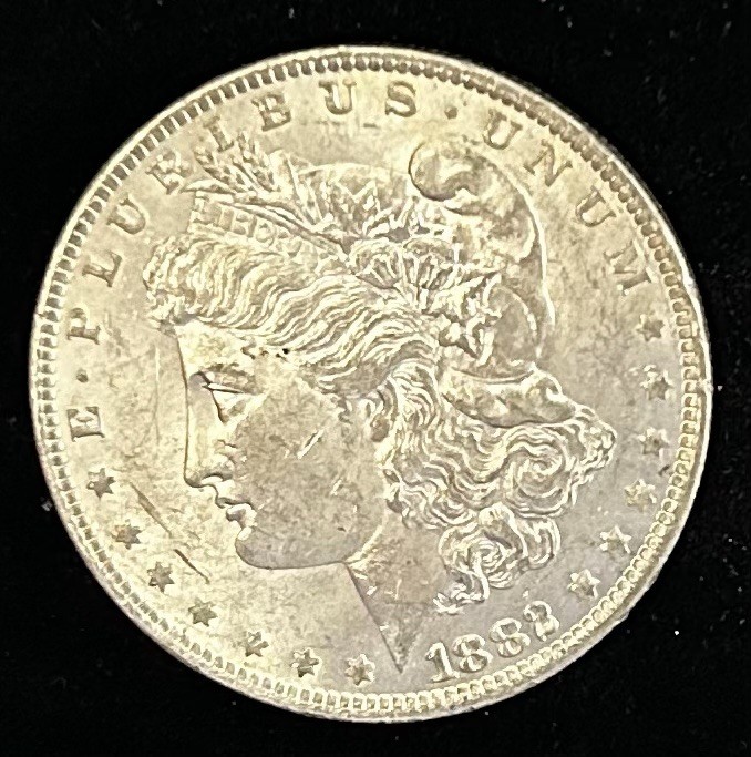 1882-O MORGAN SILVER DOLLAR, AU, NICE