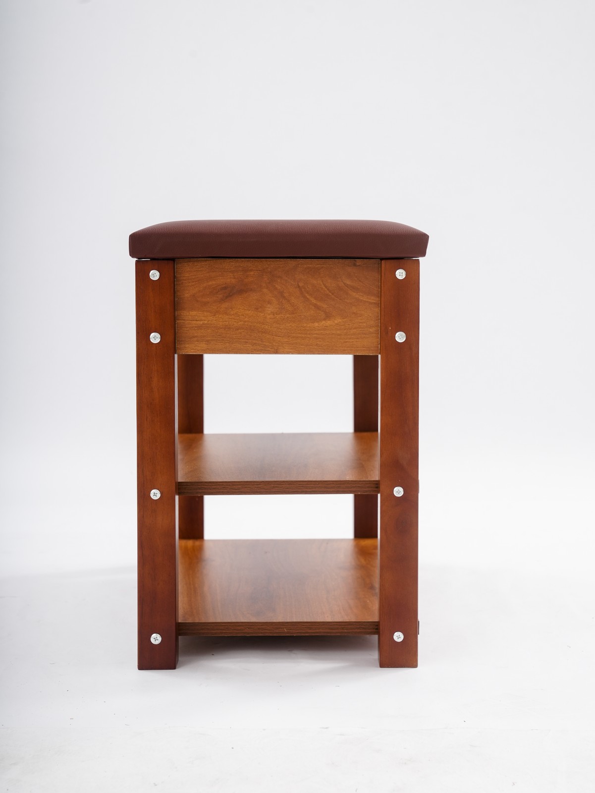 Entryway Shoe Storage Bench - 2-Tier, Solid Wood & PU, Brown Modern Shoe BenchUS