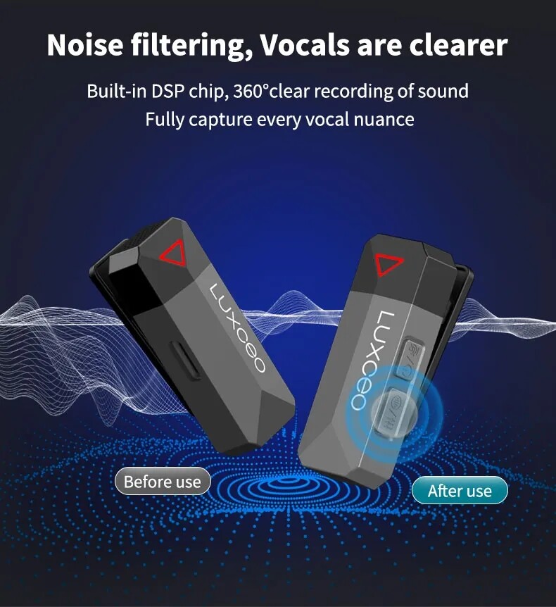 Luxceo M8 Wireless Lavalier Smartphone Microphone Lapel Mic with Charging Case
