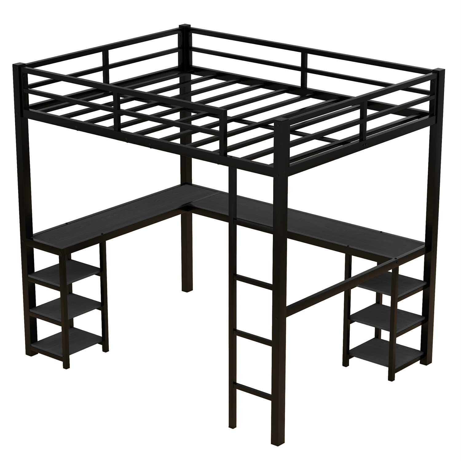Full Size Loft Bed Metal Bed Frame w/ Desk and Storage Shelves Black