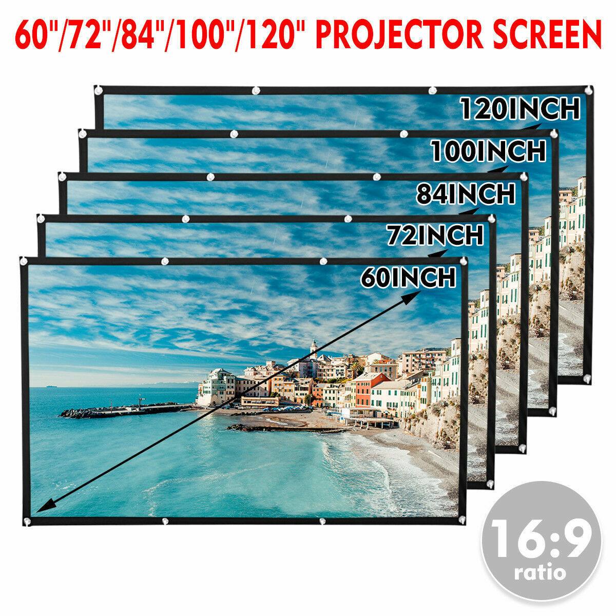 60/72/84/100/120'' Projector Screen 16:9 Projection HD Home Theater Movie Screen