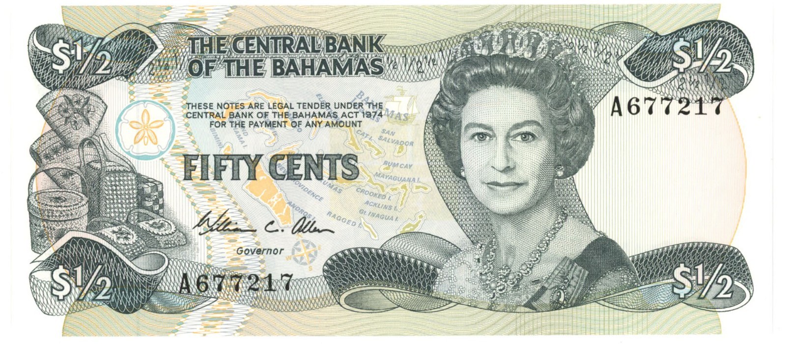 The Central Bank of the Bahamas 1/2 Dollar Bank Note, Uncirculated