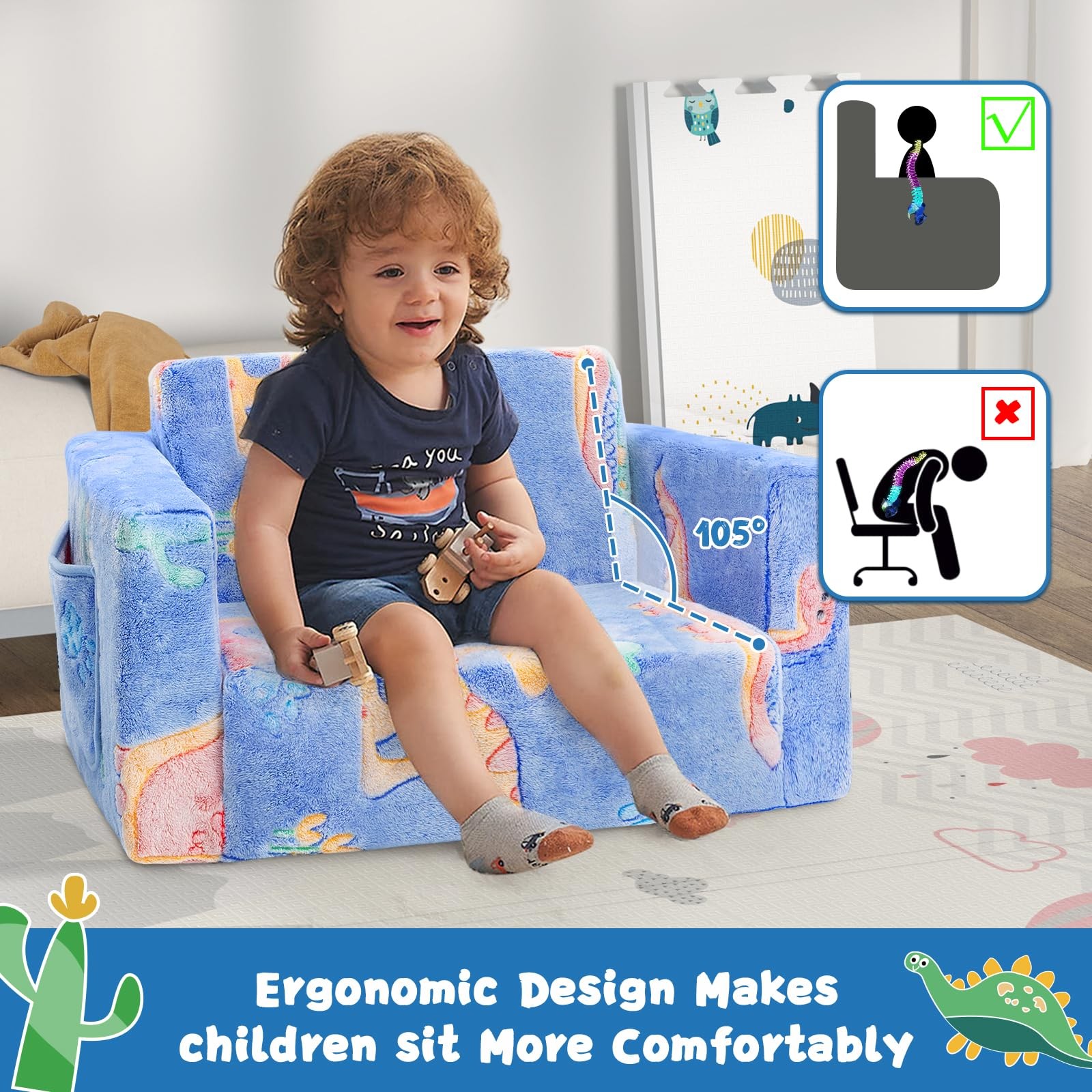 inhand Toddler Chair Comfy,2-in-1 Soft Toddler Couch Fold Out for Kids,Conver...