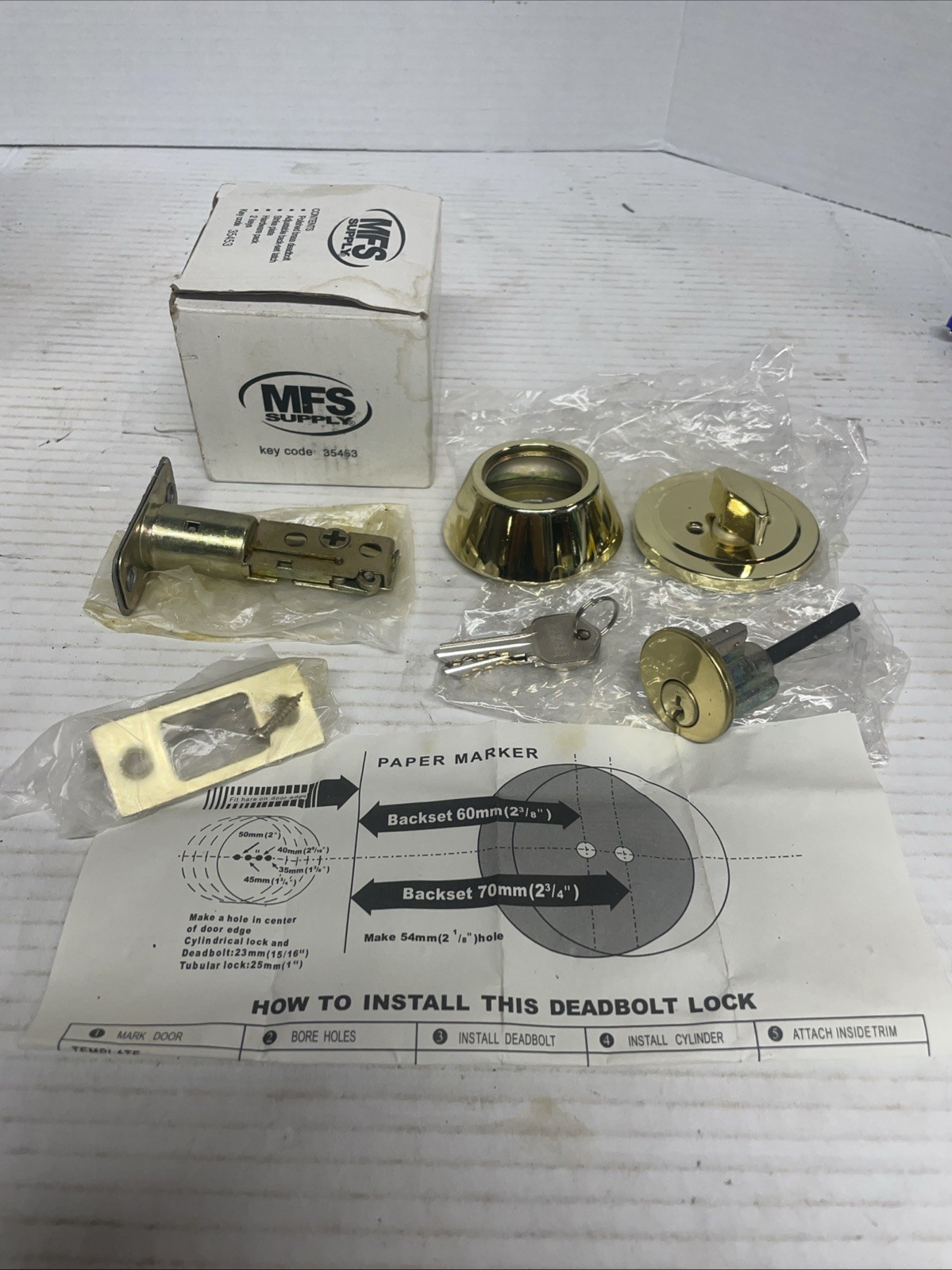 MFS Supply Deadbolt Door Lock Assembly Keys 35453 Polished Brass New Open Box