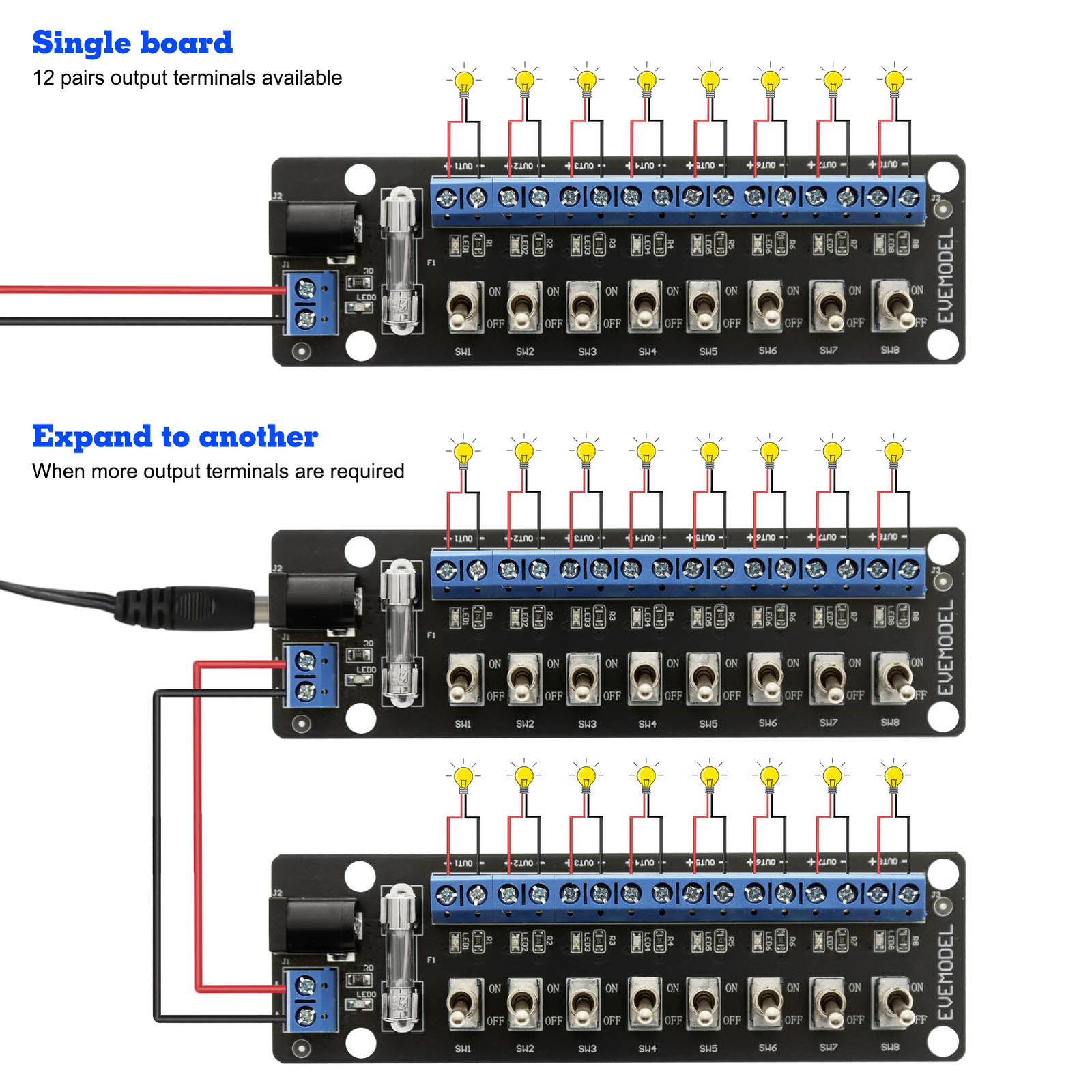 Evemodel 3V-24V DC Individual Toggle Switch Power Distribution Module 8 Channel