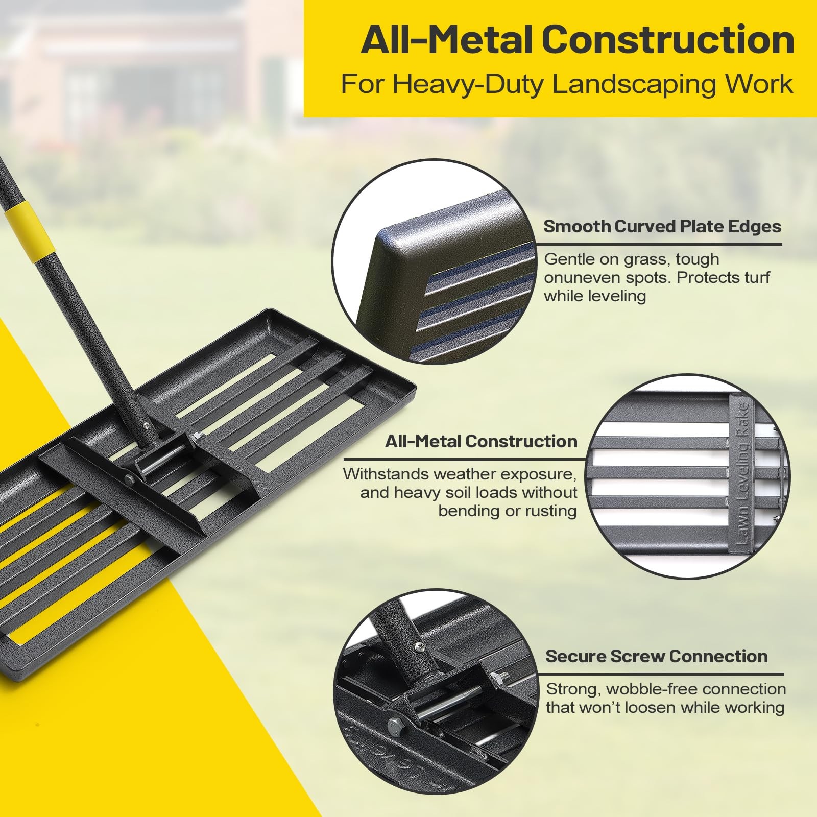 Lawn Leveling Rake with 72" Adjustable Handle for Grass, Soil & Golf Fields