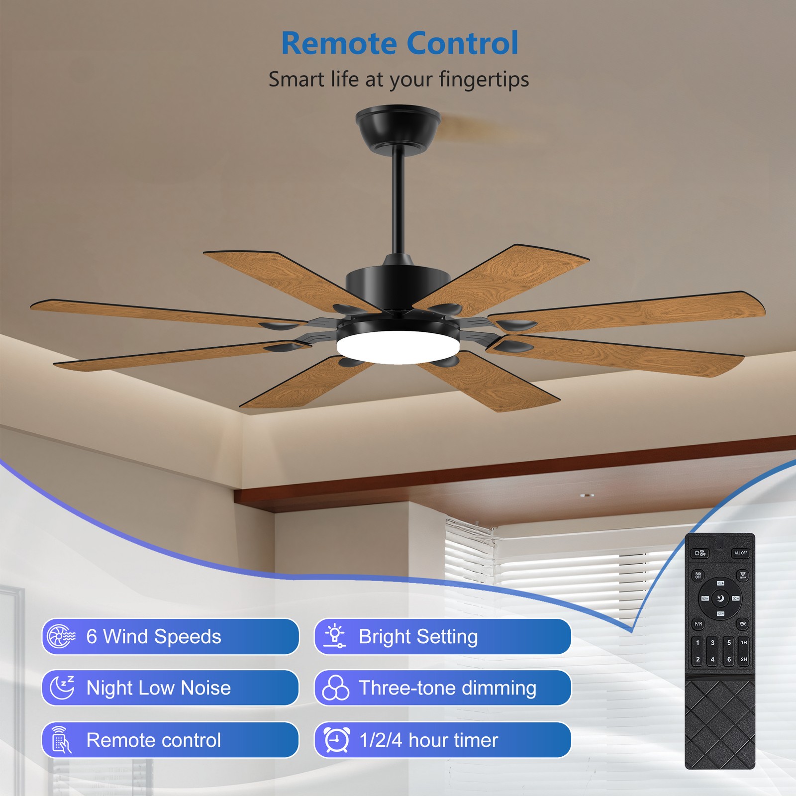 52" Modern Black LED Ceiling Fan Light 3CCT 6 Speeds Dimmable Noiseless w Remote