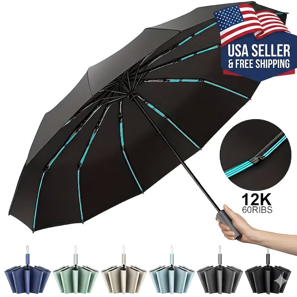 12 Rib Wind Resistant Umbrella Auto Open Close Compact Folding Rain Sun Travel