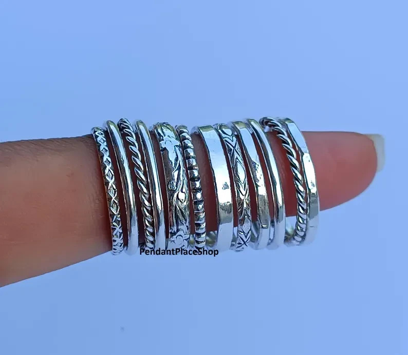 925 Sterling Silver Stacking Ring Set: Assorted Patterns, Thin & Thick All Size