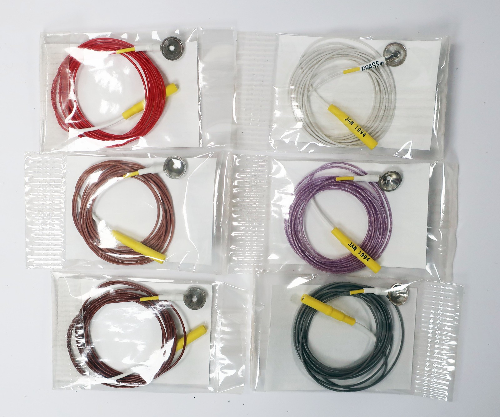 Lot of 6 Grass Instrument F-E5 SH Pure Silver Disc Electrode Lead Wires ~ NOS