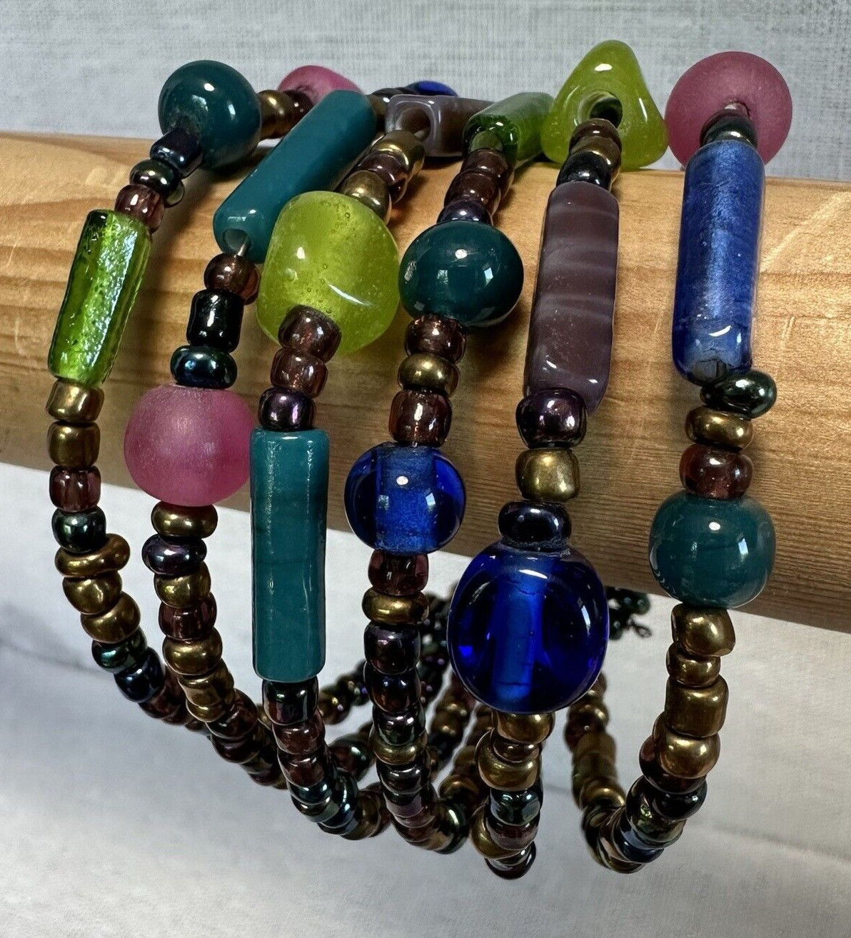 Multi Strand Beaded Artisan Bangle Multicolor Bracelet w/ Memory Wire