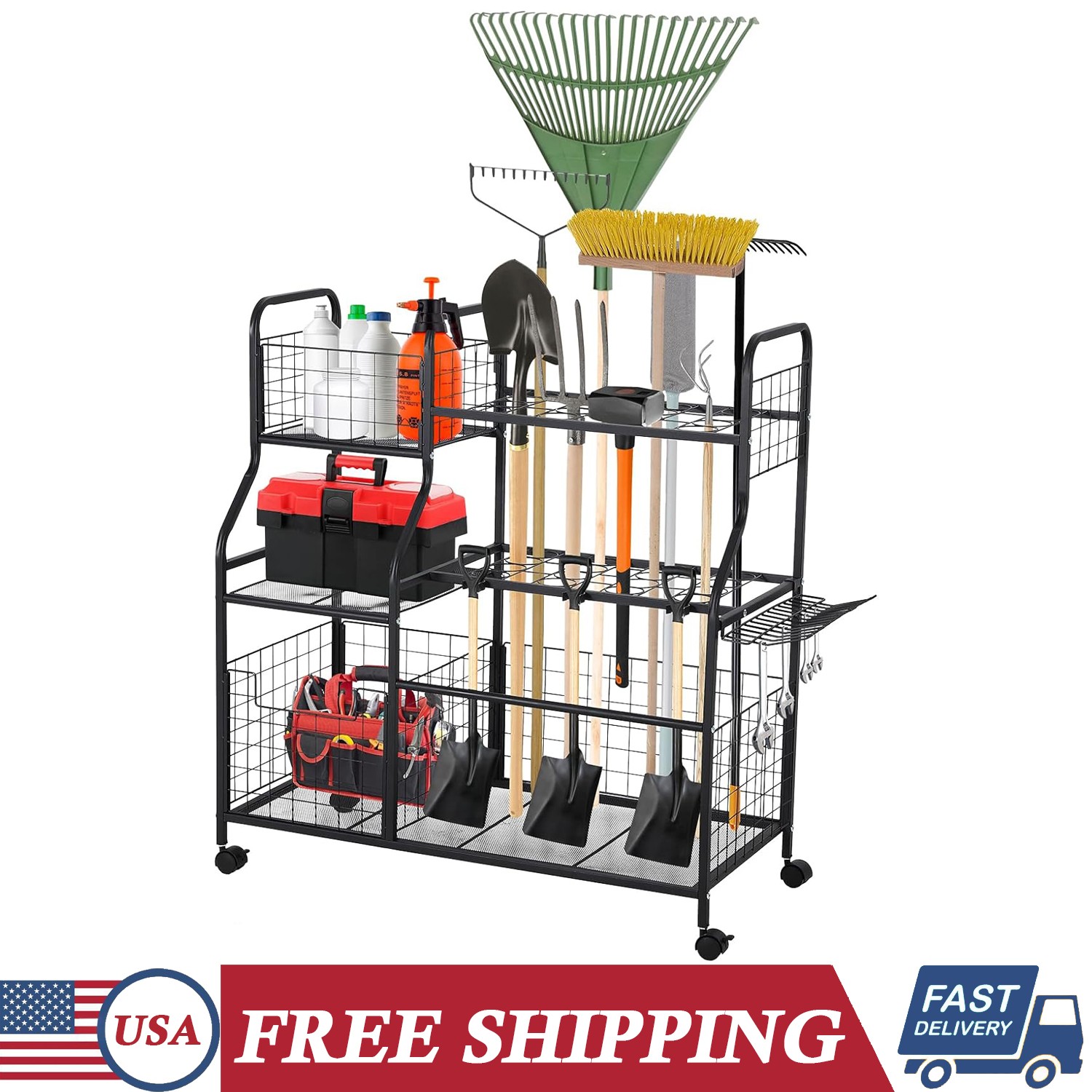 Metal Garden Tool Organizer w/360° Swivel Wheels Yard Tower Tool Rack for Garage