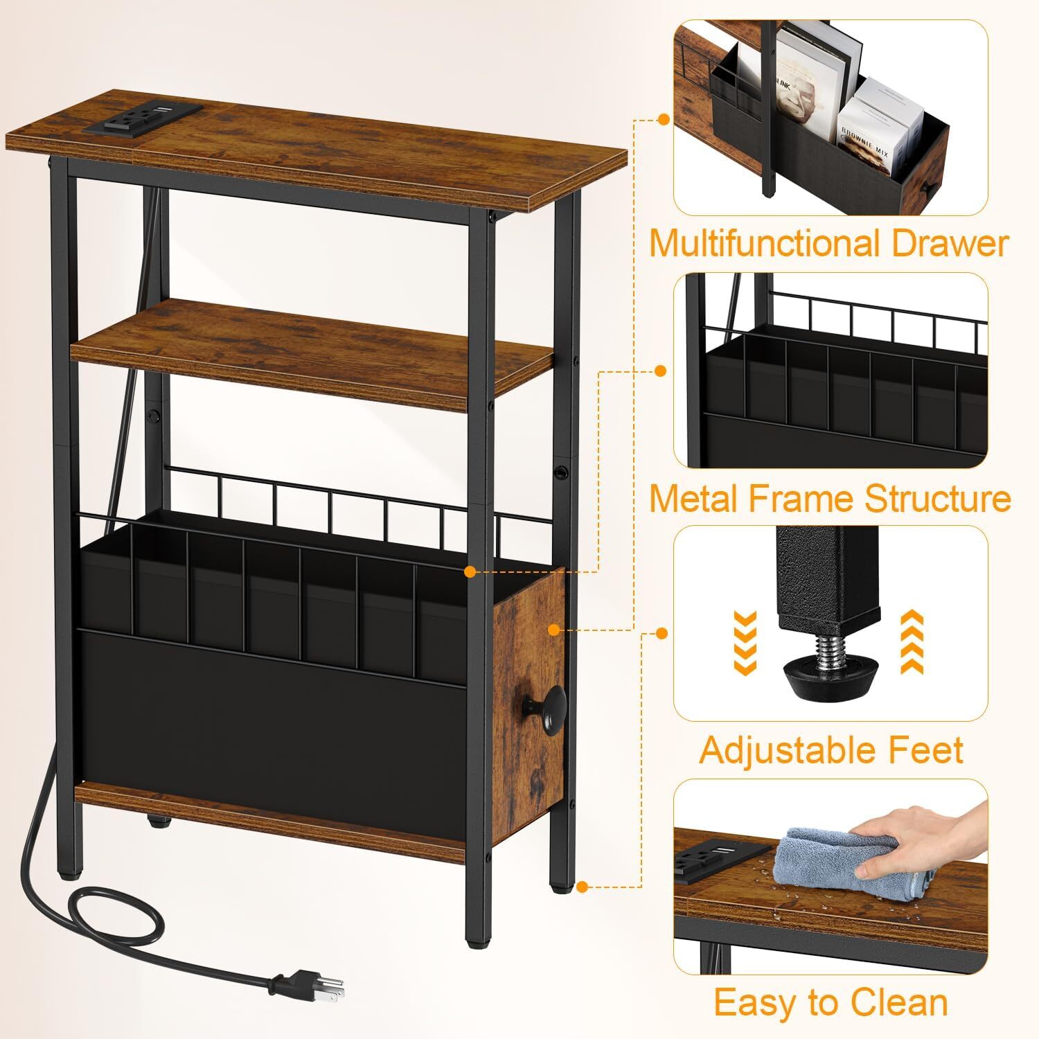 Snughome Narrow Side Table with Charging Station, Slim End Rustic Brown