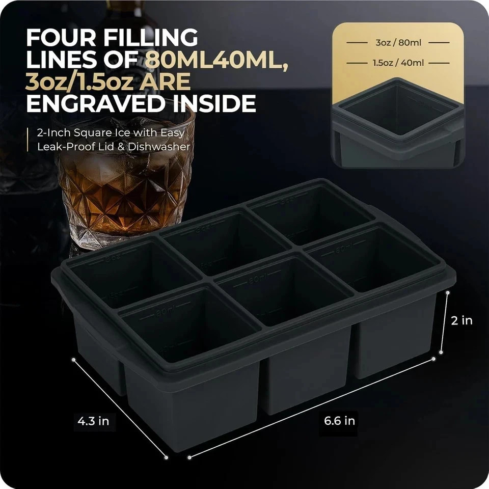 2 Pack 2 Inch Large Silicone Ice Cube Trays Square Ice Cube Molds for Whiskey