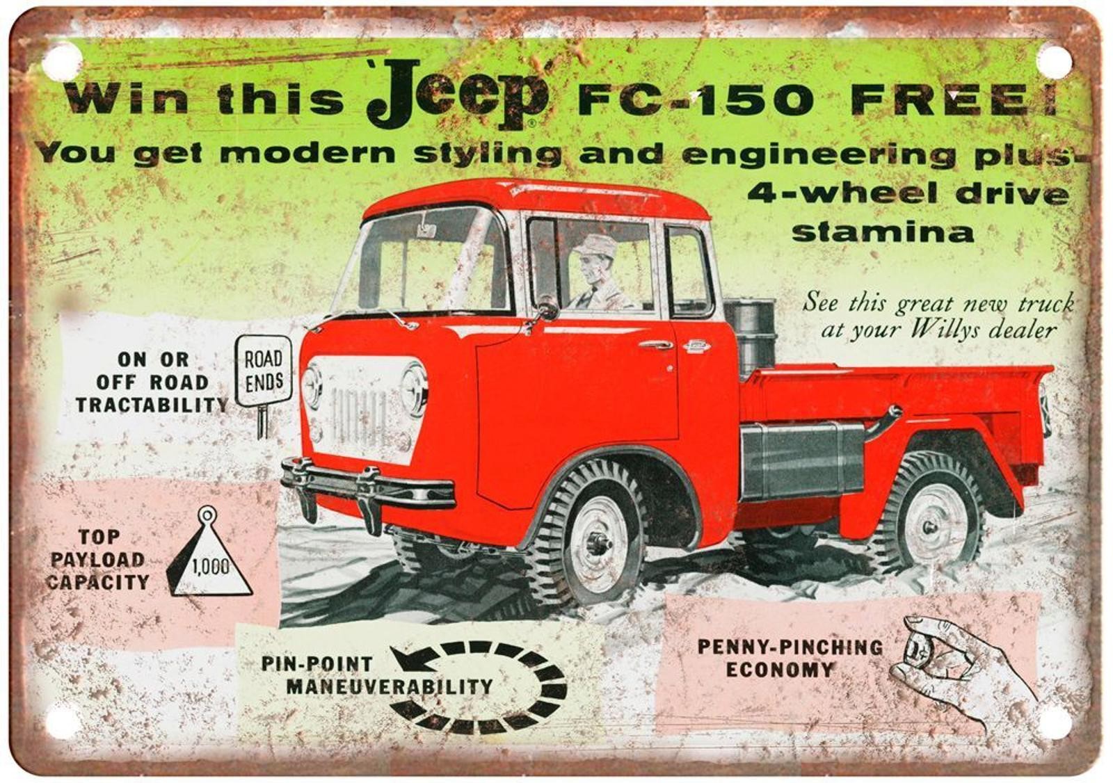 Willys Jeep FC-150 Sign Vintage 1957 Truck Metal Auto Ad Aluminum Plaque