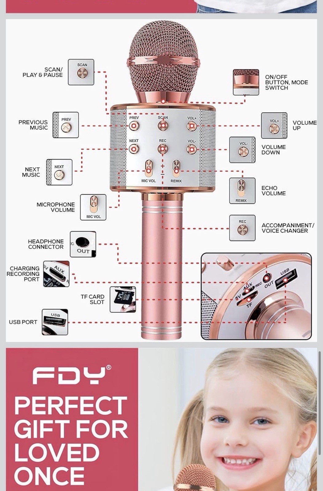 Bluetooth Karaoke Microphone for Kids Adults, Wireless Bluetooth