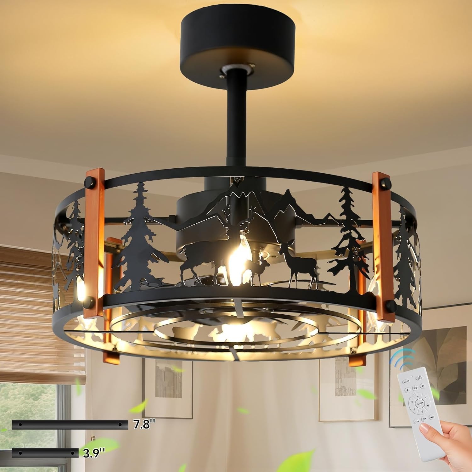 Farmhouse Rustic Ceiling Fan with Light Remote Black Bear Deer Antler Design