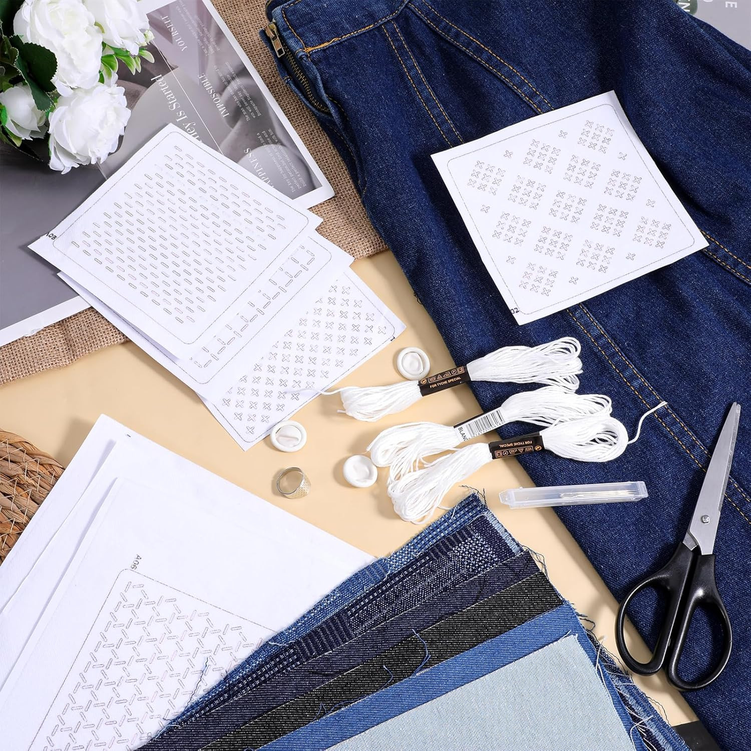 27Pcs Sashiko Kit, Sashikos Fabric Sashiko Stencils Kit Include 6Pcs Water So...