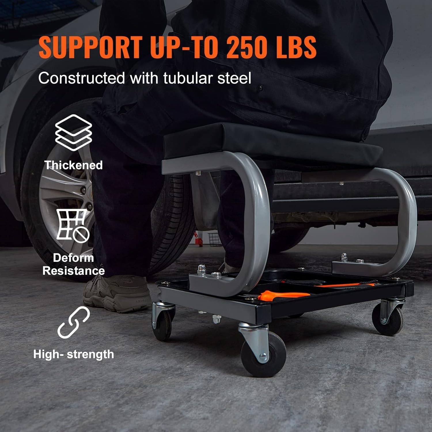 Padded Workshop Stool - 250LBS Rolling Stool with Tool Storage for Mechanics