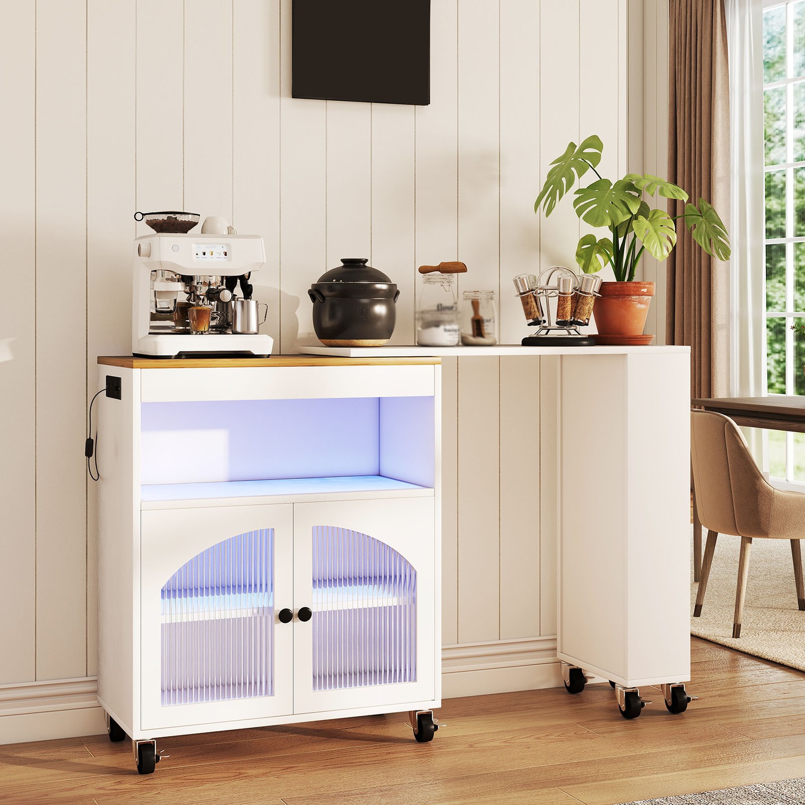 Rolling Kitchen Cart w/ Extended Table Power Outlets LED Lights Kitchen Island