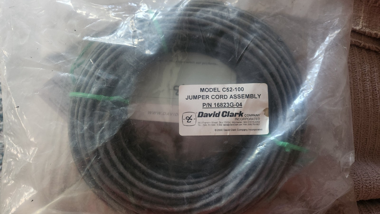 David Clark 16823G-04 Jumper Cord Assembly 100' C52-100 Headset Audio  ￼
