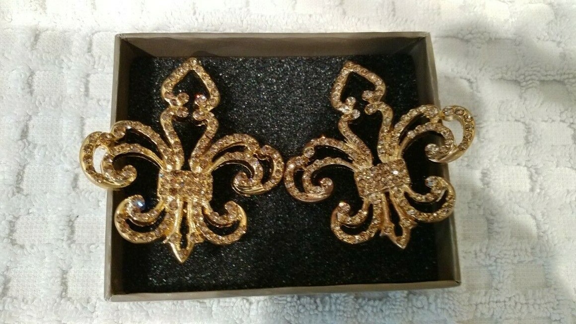 2 Crystal Embellished Amber Fleur De Lis Pin with push pin on back to attach