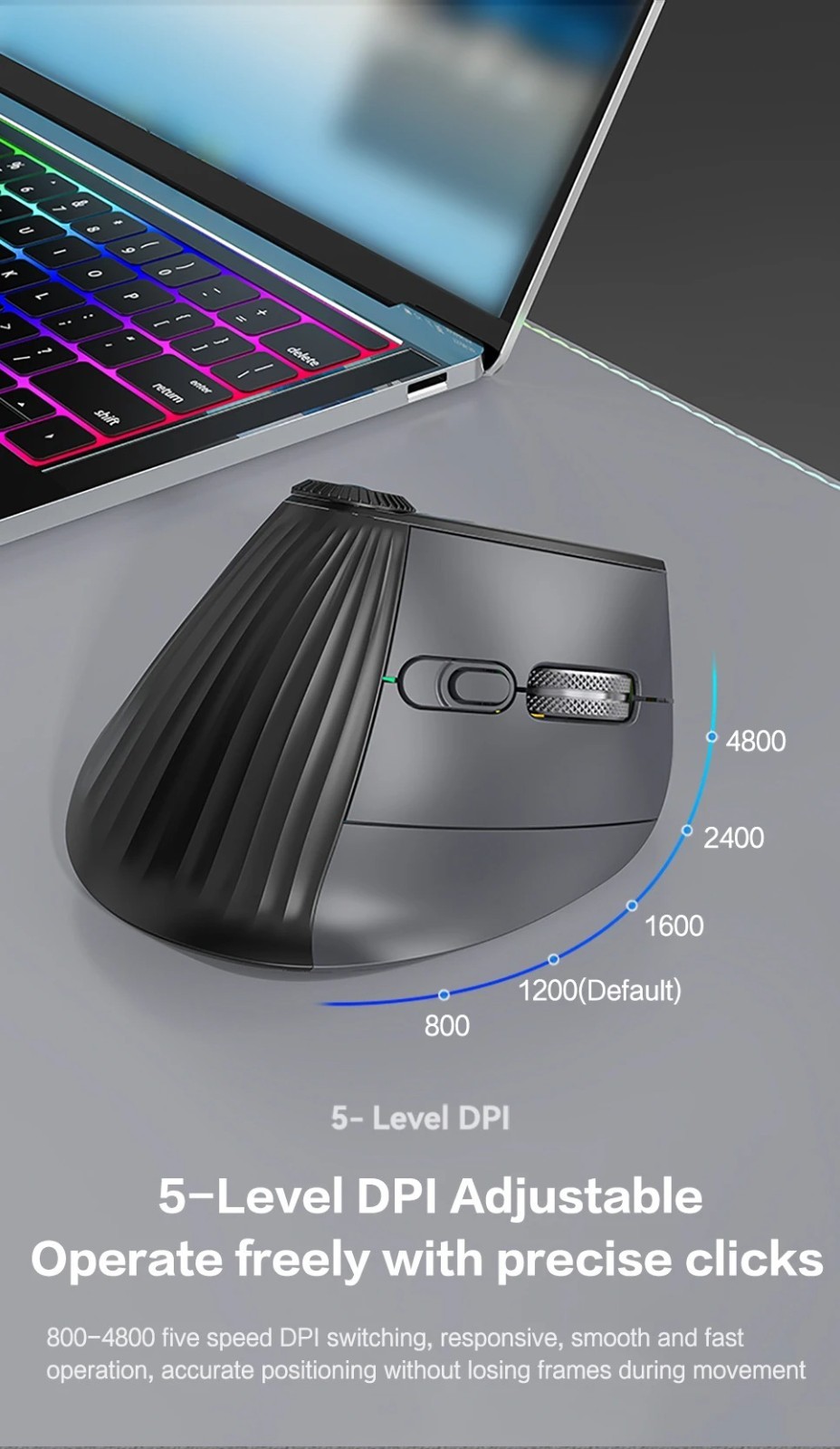Backlit Wireless Ergonomic Mouse Bluetooth 2.4G Rechargeable w/ Smart Scroll